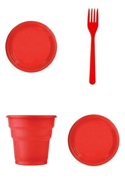 Happyland Kırmızı Renk 25 li Plastik Bardak+Çatal+Tabak