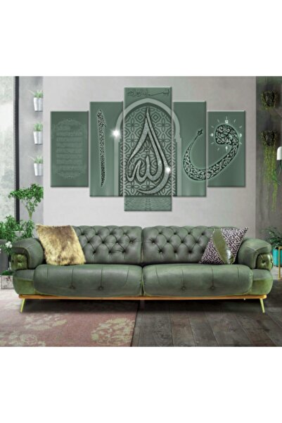 Meteor Galeri Yeşil Renkli Dini Islami Ayetel Kürsü Elif Vav Resimli 5 Parçalı Kanvas Tablo 150x100 Cm