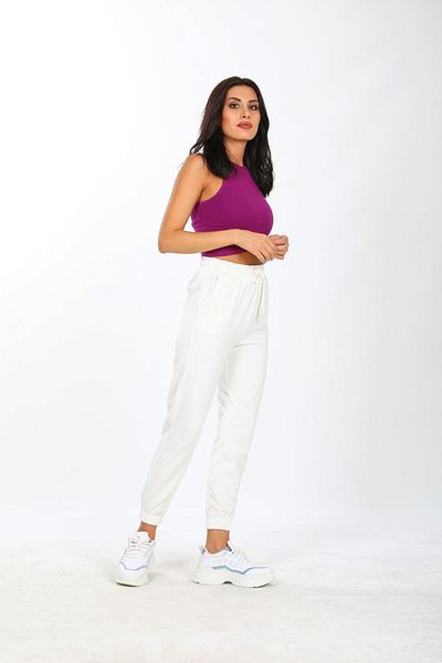 No77 Collection Γυναικείο παντελόνι Jogger με δύο κλωστές εκρού με ελαστικά πόδια