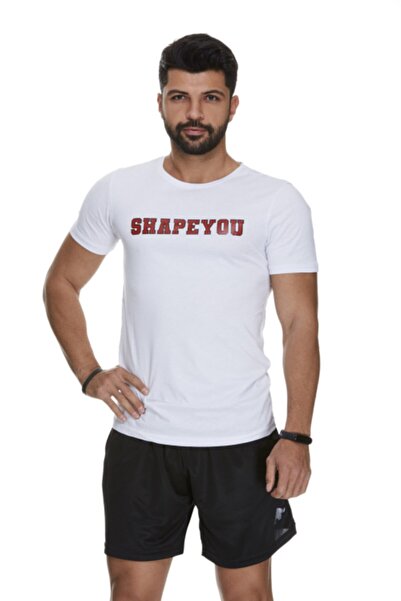 Erkek Beyaz Kırmızı Baskılı Fitness Spor Tişört