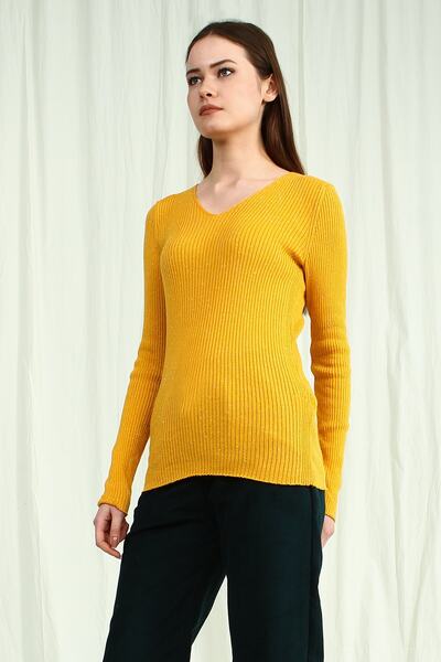 Collezione Safran V Yaka Fitilli Uzun Kollu Kadın Basic Kazak