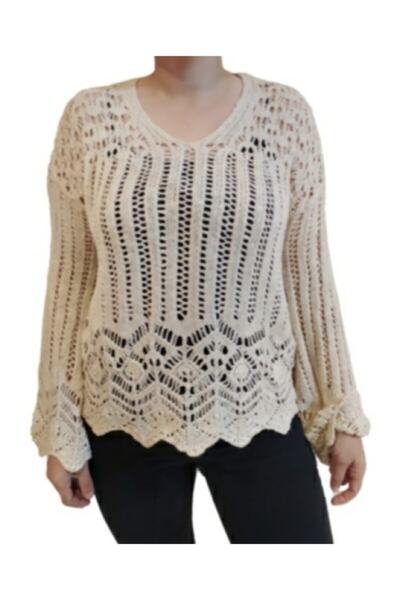 Hepsibitarz Kadın Bej Orjinal Zara Delikli Dokuma Oversize Kazak