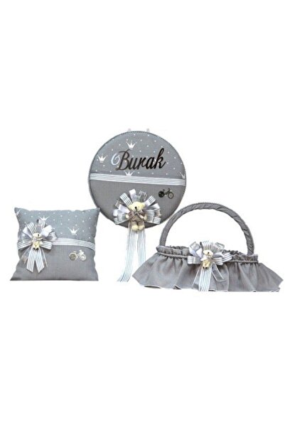 QUEEN AKSESUAR Special Name Written Gray Baby Hospital Door Decoration Pillow Basket Wreath Set