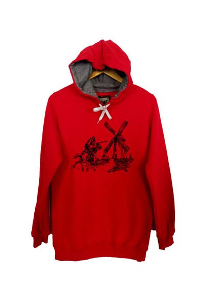 Raf Coll Red Two Thread Ribbed Unisex Hooded Swearshirt, Don Quixote Printed
