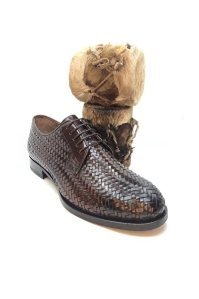VEYİS USTA Ανδρικά κλασικά παπούτσια από γνήσιο δέρμα με καφέ διχτυωτό σχέδιο με κορδόνια