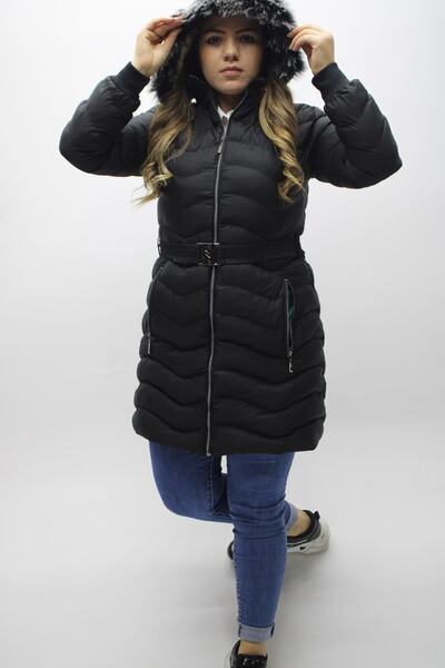 KMKkombin Palton puf cu glugă neagră de damă și blană