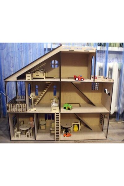 hdrlazerdizayn Ahşap 3 Katlı Bebek Evi Ve 3 Katlı Otopark