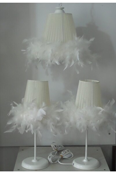 TEKAY AYDINLATMA Krem 3lü Yatak Odası Tüylü Avize Abajur Seti