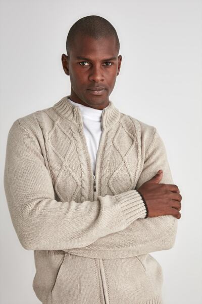 Trendyol Collection Beige Regular Fit - Wool Knit Detailed Knitwear Cardigan with Zipper Pockets Tmnaw21Hi0349