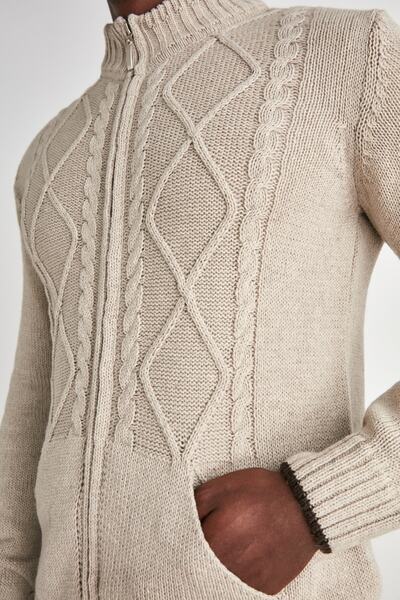 Trendyol Collection Beige Regular Fit - Wool Knit Detailed Knitwear Cardigan with Zipper Pockets Tmnaw21Hi0349