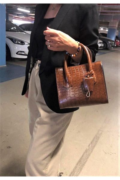 womenacs Geantă elegantă și utilă pentru femei, din material crocodil de culoare maro, de dimensiuni mici, poate fi folosită în mâini și cu curea de umăr