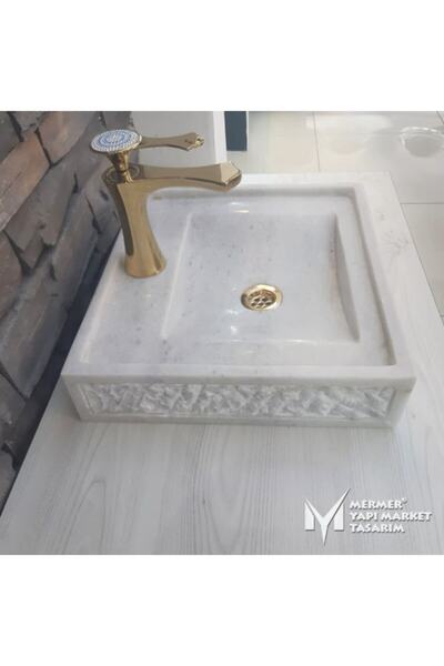 MYM Mermer Yapı Market Tasarım Beyaz Mermer Rustik Kare Lavabo - Batarya Çıkışlı