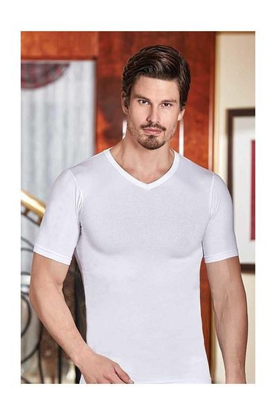 Berrak Elastan Men's White V-Neck T-Shirt