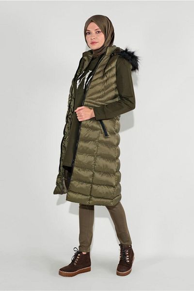 TRENDTESETTÜR Women's Khaki Hooded Fur Puffer Vest 1965