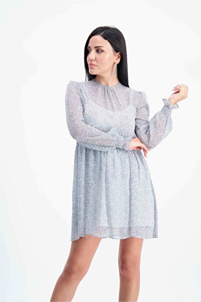 NEWRULES Kadın Beyaz lacivert Puantiye Desenli Yüksek Yaka Dökümlü Mini Elbise