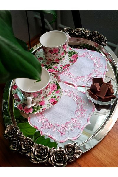 Tanem Home Gardenia Fabric Embroidered Stain Resistant Pink Coasters Set of 6
