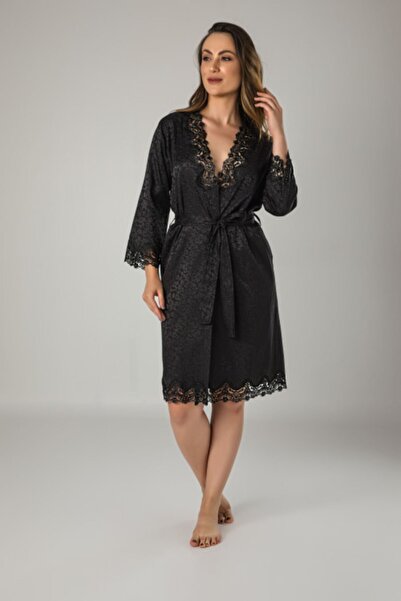 Nuşa Жіночий чорний мереживний атласний халат