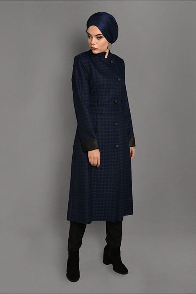 TRENDTESETTÜR Γυναικεία καμπαρντίνα Navy Blue (SAKS) Houndstooth με δερμάτινη λεπτομέρεια 1145