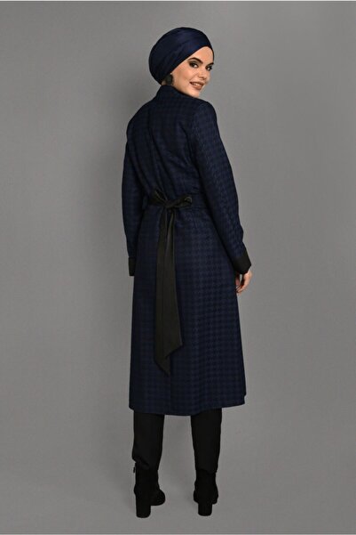 TRENDTESETTÜR Women's Navy Blue (SAX) Houndstooth Patterned Leather Detailed Trench Coat 1145