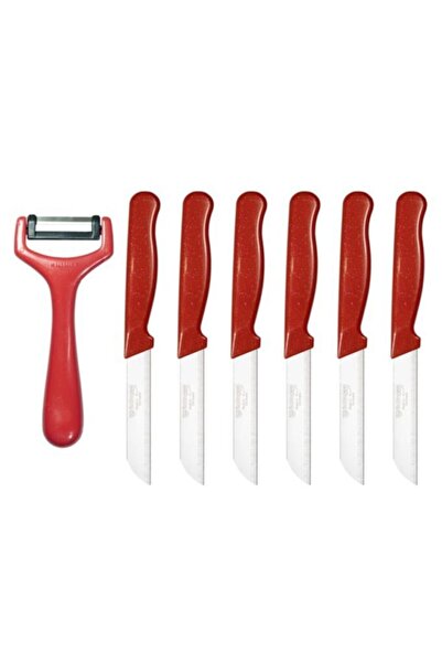 Solingen Kırmızı Simli 6 Bıçak Ve Simli Kırmızı Sapan Soyacak 7'li