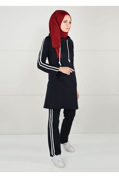 TRENDTESETTÜR Women's Navy Blue Stripe Detailed Tracksuit Tunic 0051