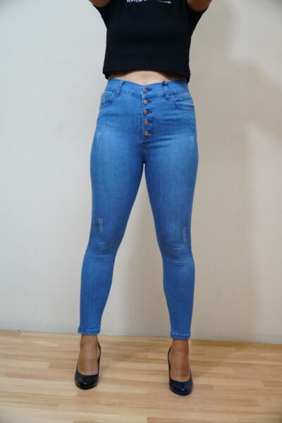 Unique Kadın Lacivert Denim Düğmeli Mavi Yüksek Bel Jeans