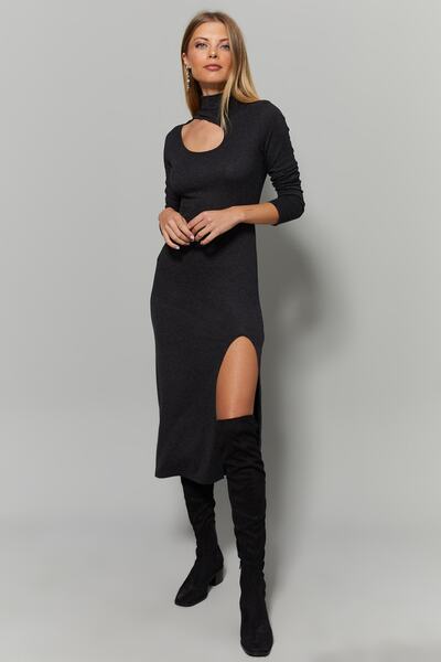 Cool & Sexy Női antracit gallérral hasított ablakos ruha Yİ1984