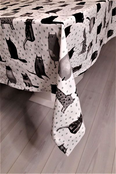 eno concept 100% Cotton Linen Look Cat Pattern White Table Cloth
