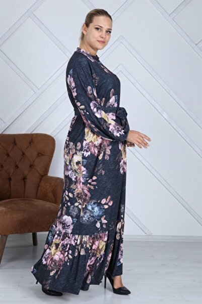 Seamoda Γυναικείο φόρεμα με μπλε ναυτικό λουλουδάτο μοτίβο με βολάν και ζώνη σε μεγάλο μέγεθος