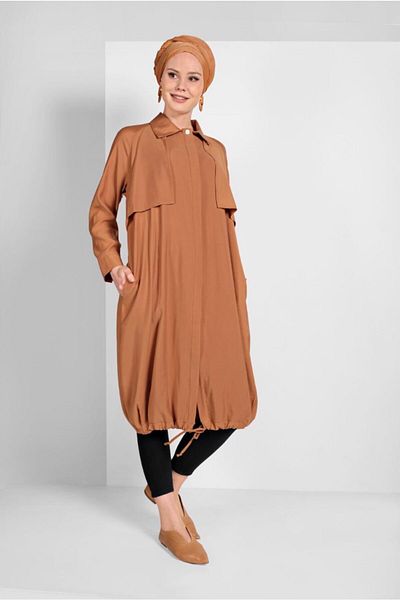 TRENDTESETTÜR Γυναικεία καφέ (CAMEL) καμπαρντίνα με ελαστική άκρη φούστας 1403