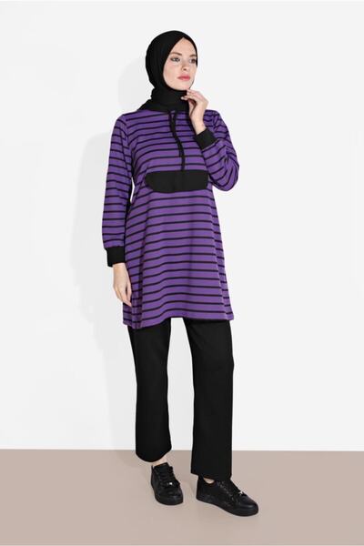 TRENDTESETTÜR Γυναικείο Σετ Φόρμας Μωβ Ριγέ Κουκούλα 2426