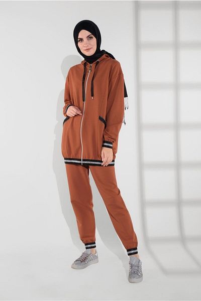 TRENDTESETTÜR Γυναικείο Σετ Φούτερ Καφέ Glitter Hooded - 135