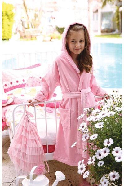 Özdilek Pink Velvet Children's Bathrobe - Hooded, Age 11/12
