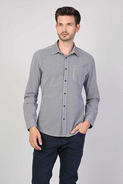 Colin's ЧОЛОВІЧИЙ Slim Fit Placket Neck Чоловічий синій сорочка з довгими рукавами CL1040553