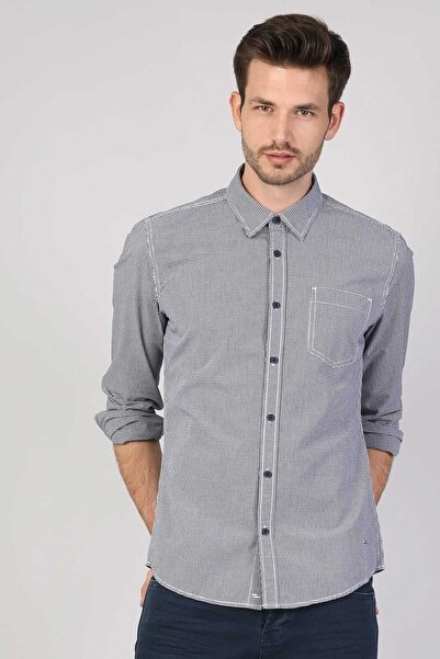 Colin's ЧОЛОВІЧИЙ Slim Fit Placket Neck Чоловічий синій сорочка з довгими рукавами CL1040553