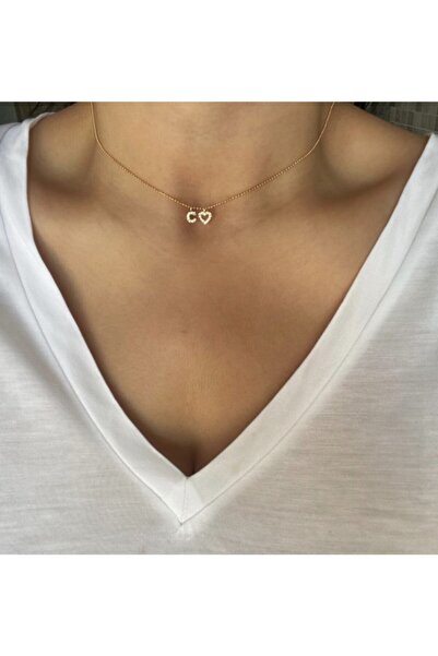 Vi store C Harfli Taşlı Kalp Kolye