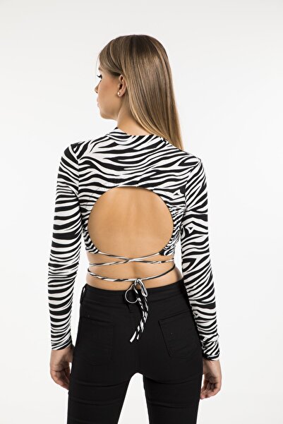 ladyzey Жіночий кроп-топ без спинки з візерунком у вигляді чорної зебри