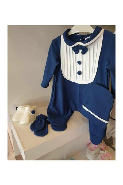 Tozpembebaby Baby Boy Navy Blue Combed Cotton Romper Set