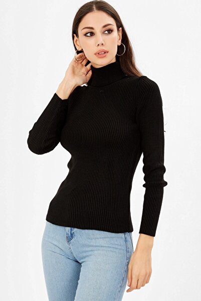 modabirsen Kadın Siyah Balıkçı Yaka Fitilli Triko Kazak