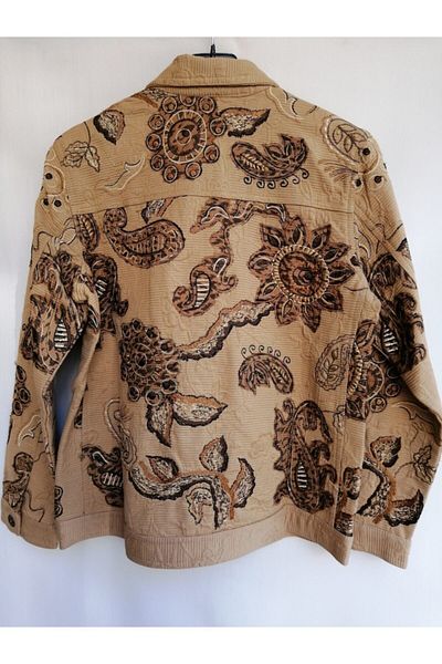 Chicos Women's Authentic Cotton Thin Striped Mustard Multi-Colored Applique Embroidered Jacket Made in India