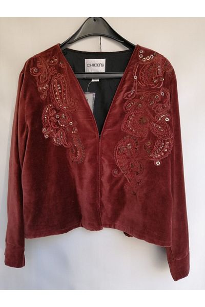 Chicos Women's Authentic Velvet Brown Embroidered Jacket
