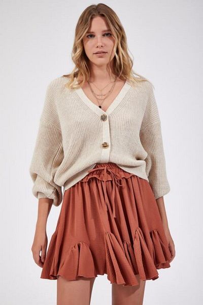 SIRGİYİM Women's Cream V-Neck Button-Front Knitwear Cardigan