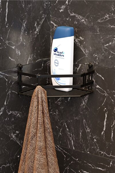 Teknotel Tek Katlı Kancalı Banyo Köşe Rafı Mat Siyah Es077h