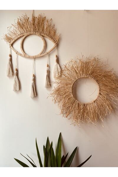 Bohem Shop Büyük Boy El Yapımı Rafya Hasır Göz Duvar Dekor Süsü Seti