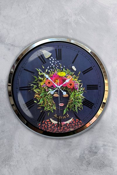 Kasva Concept Gift 40 cm Chrome Metal Flowers Wall Clock