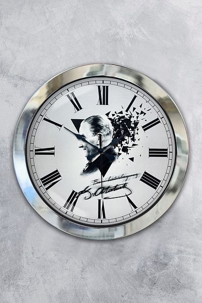 Kasva Concept Gift 36 cm Chrome Metal Ataturk Wall Clock