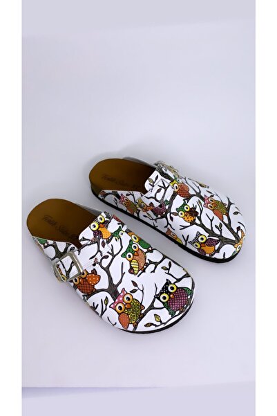 TERLİKSABO Beyaz Baykuş Desenli Mantar Sabo Terlik