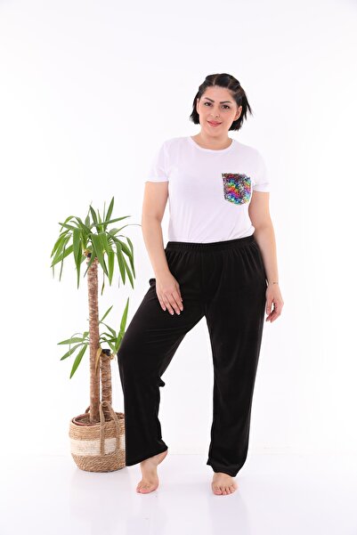 Arvin Pijama Γυναικεία Βελούδινη Μαύρη Πιτζάμα Plus Size