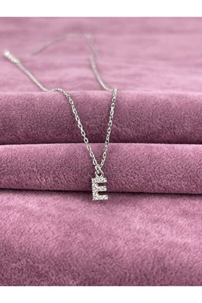 BEY SİLVER Taşlı E Harfi Rodyum Yaldızlı Gümüş Kadın Kolye