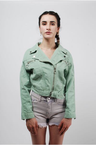 efstyle Jachetă de blugi biker cu fermoar de culoare mentă - cu centură